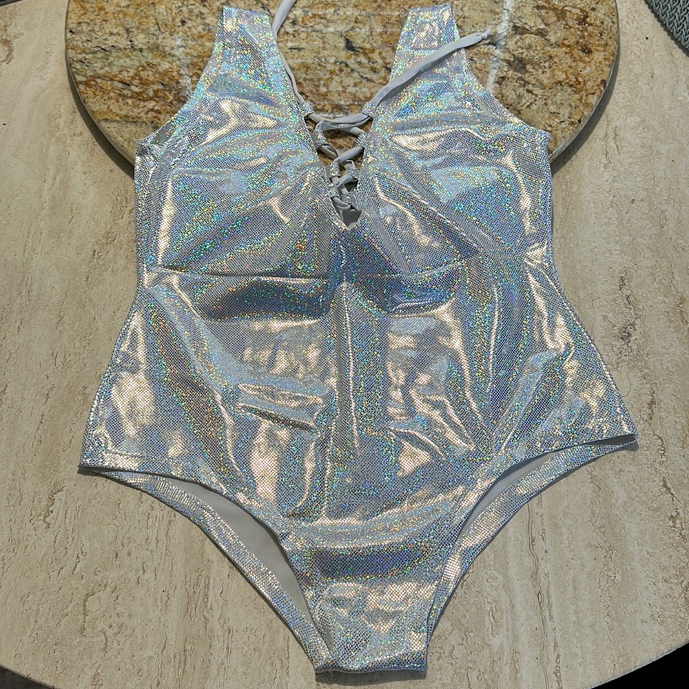 NEW metallic bodysuit with lace-up front